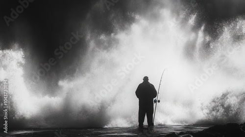 A lone fisherman stands on a rocky shore, silhouetted against a towering wave crashing behind him. photo