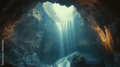 A view from inside a cave, looking up at a waterfall cascading down through a hole in the ceiling. The light from outside is shining down on the waterfall, creating a beautiful and ethereal scene.