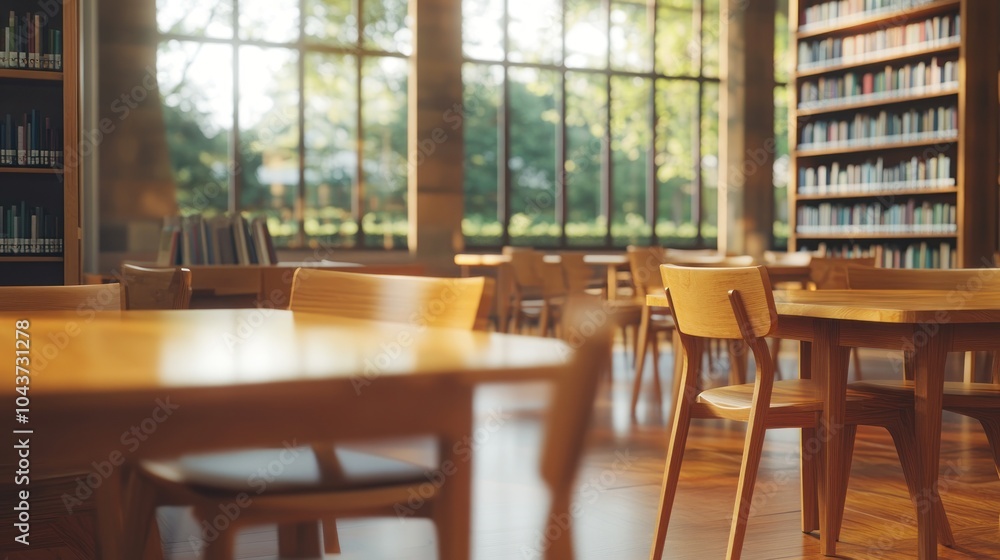 A serene library interior with wooden tables and chairs, bathed in natural light. A serene library interior with wooden tables and chairs, bathed in natural light.