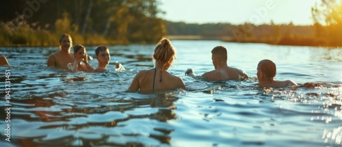 Nine people enjoy swimming in a lake on a sunny day, captured from a rear perspective with a view of clear water, green trees, and a blue sky. photo