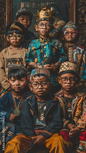 Indonesian children in vibrant traditional attire pose with serious expressions, creating a cultural, festive atmosphere in a well-composed image.