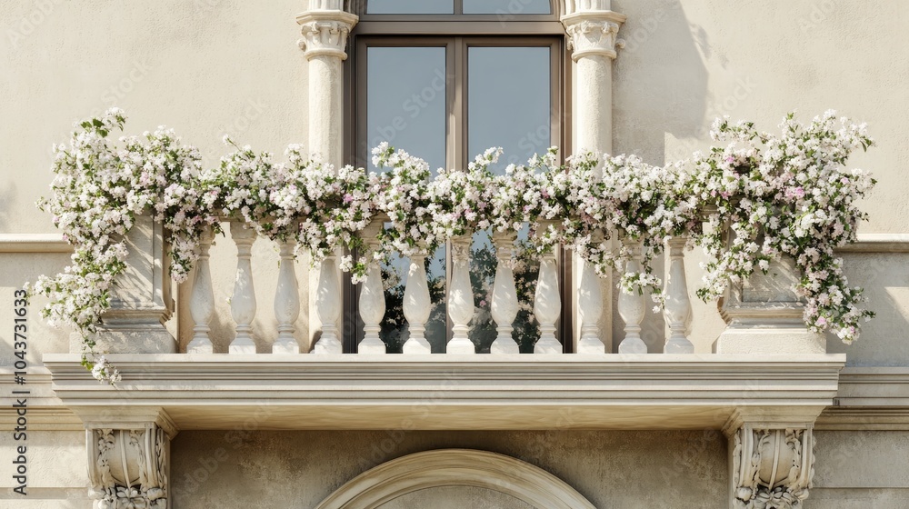 Naklejka premium Springtime Elegance Captivating View of Classical Architecture Featuring a Wall Pillars and Balcony Adorned with a Floral Arch