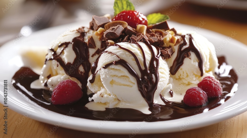 Creamy vanilla ice cream scoops drizzled with chocolate sauce and adorned with a variety of toppings Creamy vanilla ice cream scoops drizzled with chocolate sauce and adorned with a variety of toppings