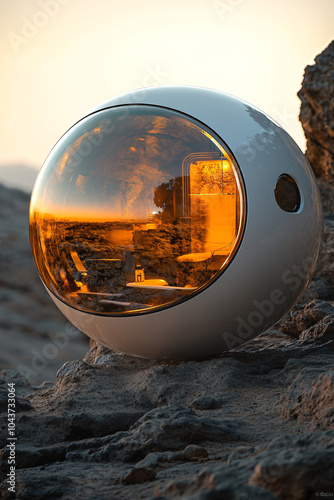 Futuristic spherical capsule designed as a self-sustaining habitat in a remote desert landscape, blending technology, minimalism, and sustainability in a modern architectural concept. photo