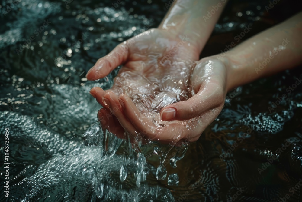 Gently cupped hands holding clear water in natural setting Gently cupped hands holding clear water in natural setting