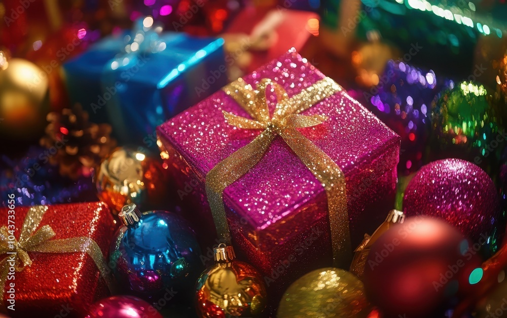 A detailed closeup of various Christmas presents in bright colors, surrounded by shiny ornaments and festive decorations A detailed closeup of various Christmas presents in bright colors, surrounded by shiny ornaments and festive decorations