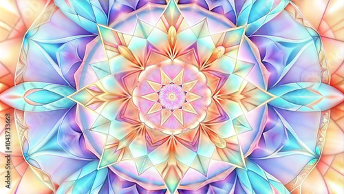 Vibrant mandala design with pastel colors and intricate patterns on a light background, artistic illustration, copy space