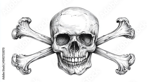 Tattoo design, Gothic elements, skull and crossbones, engraving, illustration. Black and white image on a white background