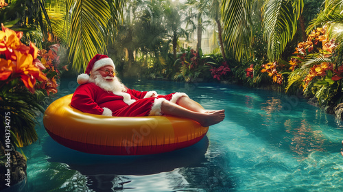 Santa Claus enjoys a tropical holiday retreat, floating peacefully in a lush paradise pool. Image made using Generative AI.