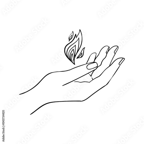 Hand holding a flame, linear icon