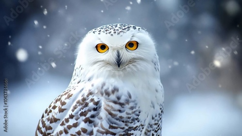 A snowy owl with striking orange eyes in a wintery landscape.