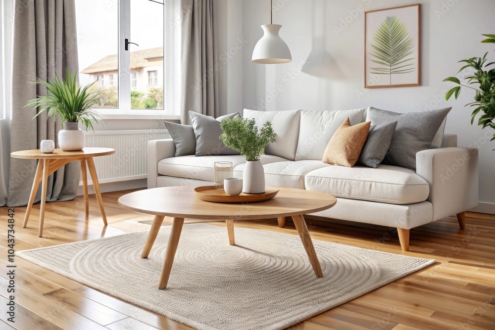 Round wood coffee table against white sofa Round wood coffee table against white sofa
