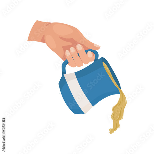 Hand holding a pitcher pouring hot wax or oil, cartoon icon