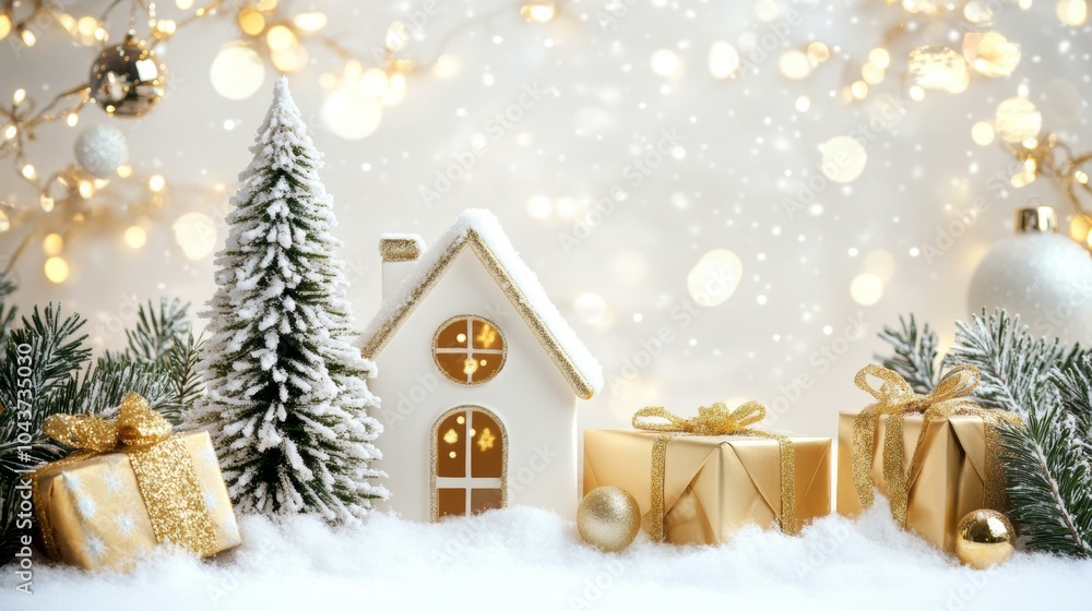 Obraz premium Christmas decorations, presents on snow-covered ground