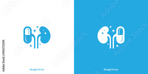 Drug Kidney Logo. Drug Pill and Kidney with Minimalist Style. Kidney Medical Logo, Icon, Symbol, Vector, Design Inspiration.