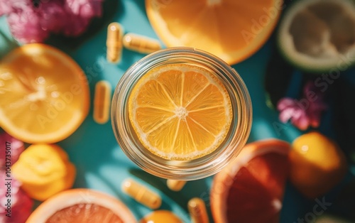 Daily Immune-Boosting Supplement: A macro shot showcasing a blend of Vitamin C, Zinc, and Echinacea in a clear containes photo