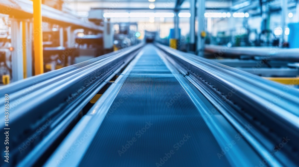 A conveyor belt in an industrial setting, designed for transporting materials. A conveyor belt in an industrial setting, designed for transporting materials.