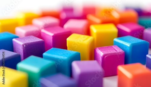 Close-up of colorful toybricks on a white background, using a focus stacking technique. This is a stock photo, with high-resolution,