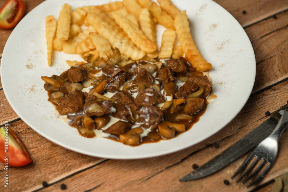 Delicious Beef Stew with Creamy Sauce and Crispy Fries Delicious Beef Stew with Creamy Sauce and Crispy Fries