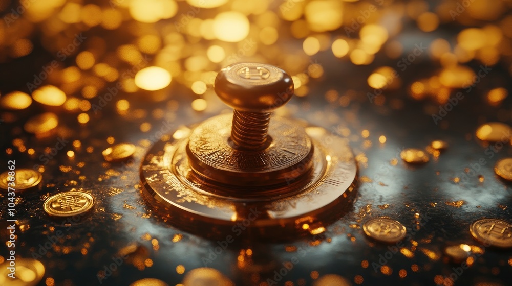 A close-up of a spinning dreidel on a polished surface, surrounded by golden coins A close-up of a spinning dreidel on a polished surface, surrounded by golden coins