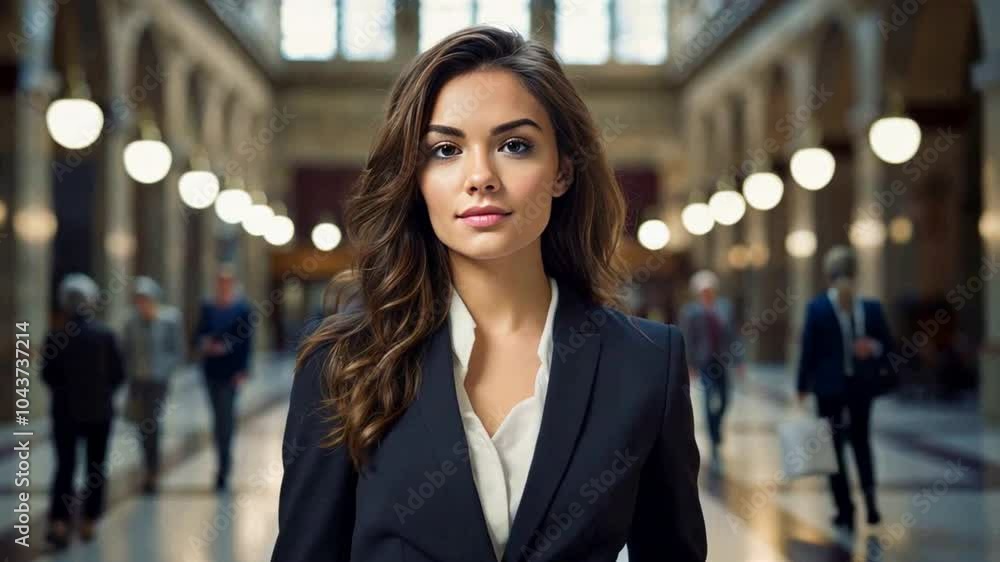 Confident and Ready: A powerful portrait of a determined businesswoman in a sleek business suit, standing confidently in a grand hall. Confident and Ready: A powerful portrait of a determined businesswoman in a sleek business suit, standing confidently in a grand hall.