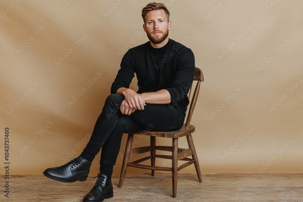 Man sitting on a wooden chair in a casual black outfit against a beige background representing a minimalist aesthetic modern masculinity and understated confidence Man sitting on a wooden chair in a casual black outfit against a beige background representing a minimalist aesthetic modern masculinity and understated confidence