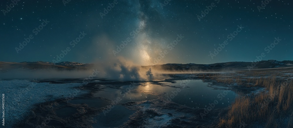 A geyser erupts under a starry night sky, with the Milky Way visible in the background. A geyser erupts under a starry night sky, with the Milky Way visible in the background.