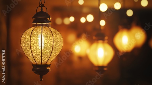 A close-up of decorative lanterns hanging from a ceiling, with a soft glow illuminating the background