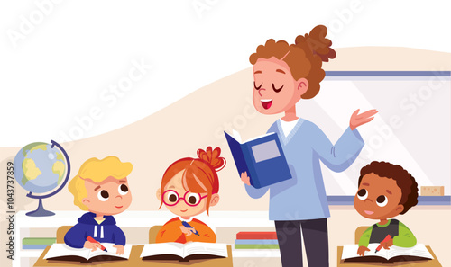Teacher explaining lesson, introducing the subject to kids, gives a lecture. Pupils in school class listen to teacher. Primary school kids. Classroom with pupils and teacher.