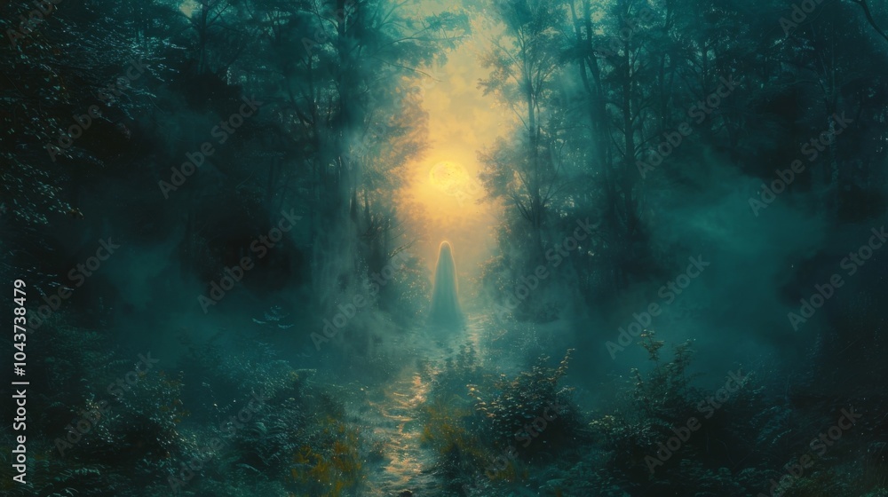 Obraz premium A ghostly apparition glides through a moonlit forest its faint outline disappearing into the shadows.