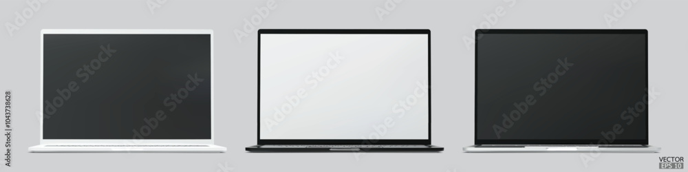 Set of 3d laptops isolated on grey background. Realistic Laptop silver, white, black color mockup with blank screen display. 3D vector illustration. Set of 3d laptops isolated on grey background. Realistic Laptop silver, white, black color mockup with blank screen display. 3D vector illustration.