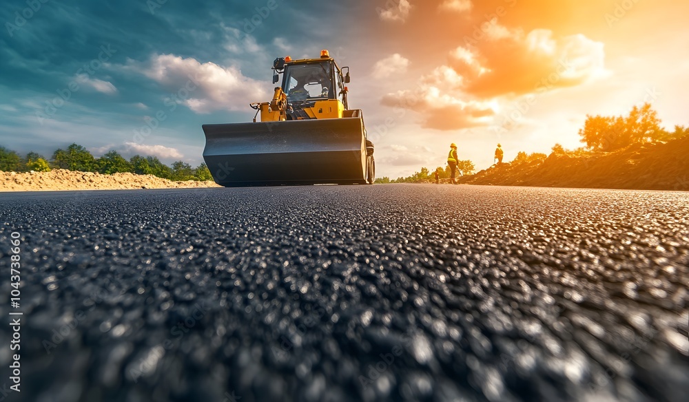 road construction workers and machinery working on an asphalt road, new pavement under a bright sky. An architectural highway repair road construction workers and machinery working on an asphalt road, new pavement under a bright sky. An architectural highway repair