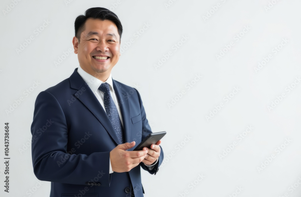 Confident businessman in formal suit holding smartphone for professional networking Confident businessman in formal suit holding smartphone for professional networking