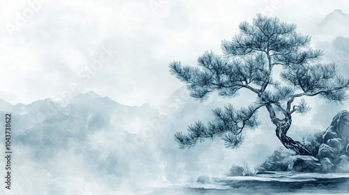Ink wash style, high mountain pine tree, traditional Chinese painting