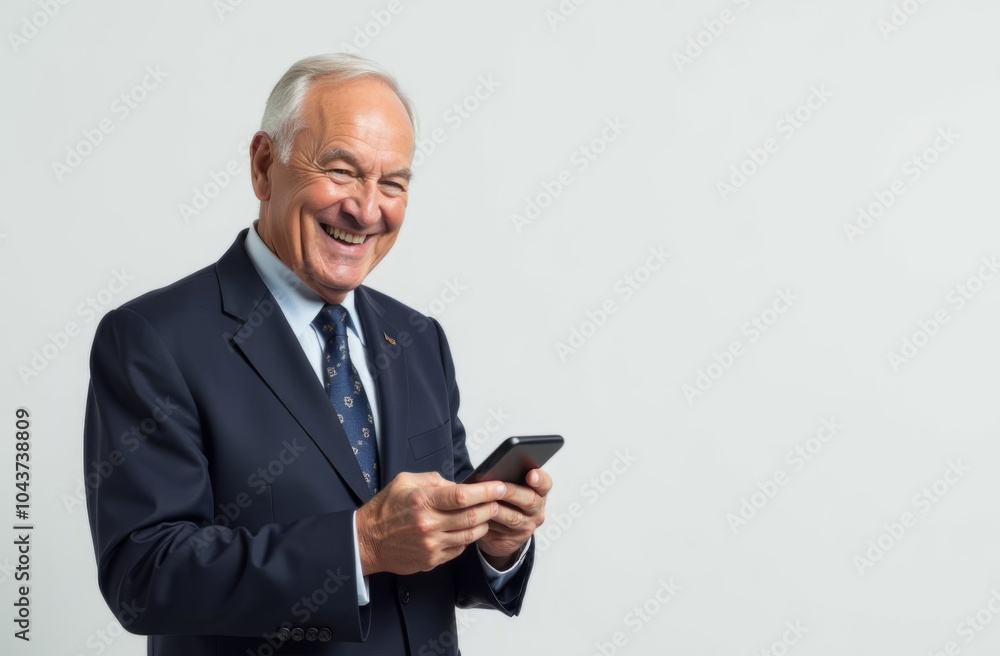 Senior businessman holding smartphone with joyful expression Senior businessman holding smartphone with joyful expression