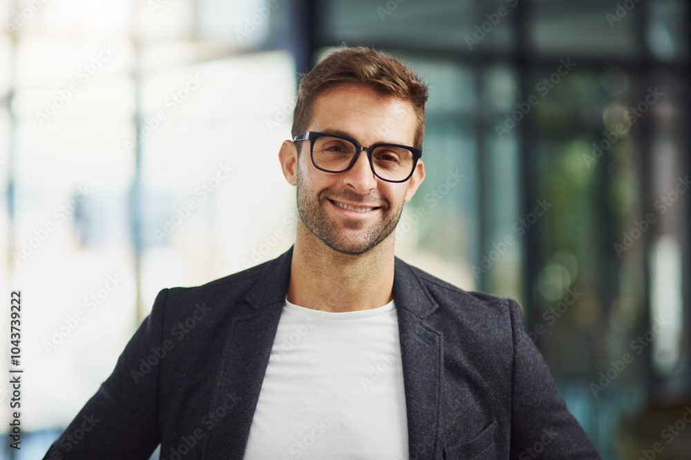 Confident, glasses and portrait of businessman in office with happiness for finance trade career. Smile, pride and stock market expert from Canada for financial capital gain with investment profit Confident, glasses and portrait of businessman in office with happiness for finance trade career. Smile, pride and stock market expert from Canada for financial capital gain with investment profit