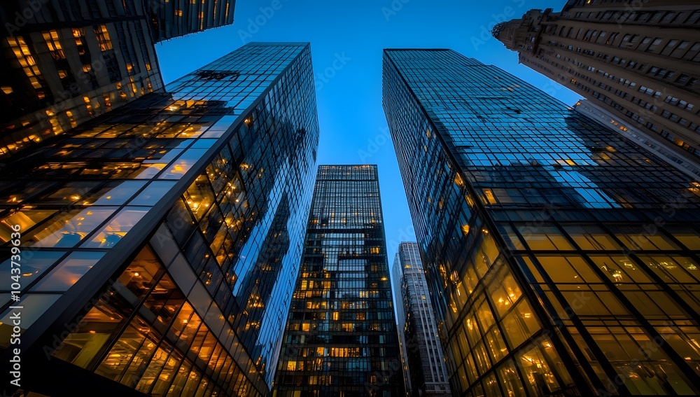 Fototapeta premium Photograph of skyscrapers at blue hour, low-angle view, cityscape, nighttime, cinematic, architectural photography, reflections on windows,