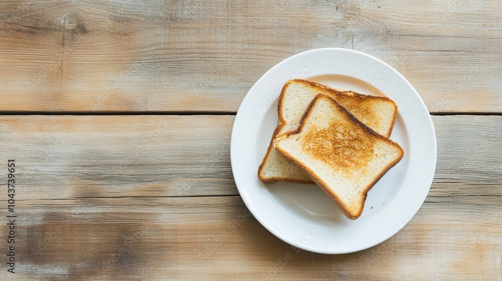Two slices of toasted bread on a white plate atop a wooden table. Two slices of toasted bread on a white plate atop a wooden table.