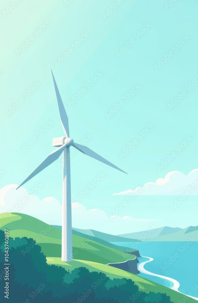 Sustainable energy wind turbine on scenic coastal landscape for eco-friendly designs Sustainable energy wind turbine on scenic coastal landscape for eco-friendly designs