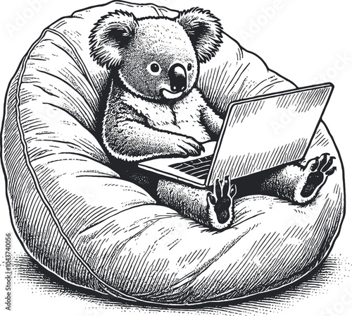 koala sits in bean bag chair freelancer with laptop style engraving vector