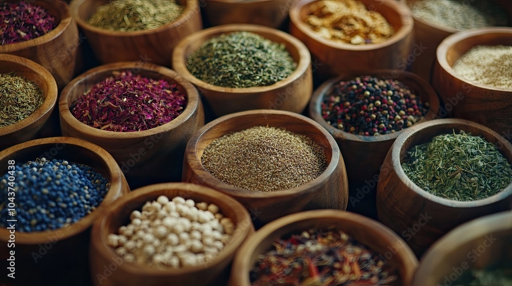 A collection of wooden bowls filled with various dried herbs and spices, elegantly arranged on a table A collection of wooden bowls filled with various dried herbs and spices, elegantly arranged on a table