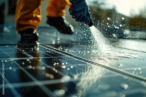 Worker cleaning solar panels to ensure optimal efficiency and energy production. photo