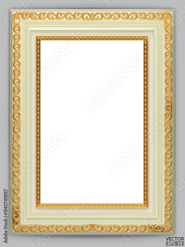 Realistic cream wooden vintage frame isolated on gray background.  Rectangle frames mockup. Classic Photo wooden frame. Cream border for painting, poster, and photo gallery. 3d vector illustration.