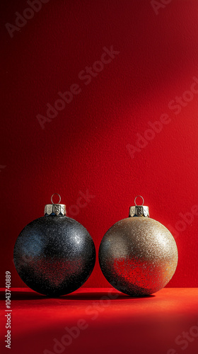Christmas balls ornaments on red background, blue and gold baubles isolated on vertical banner with copy space for Instagram story