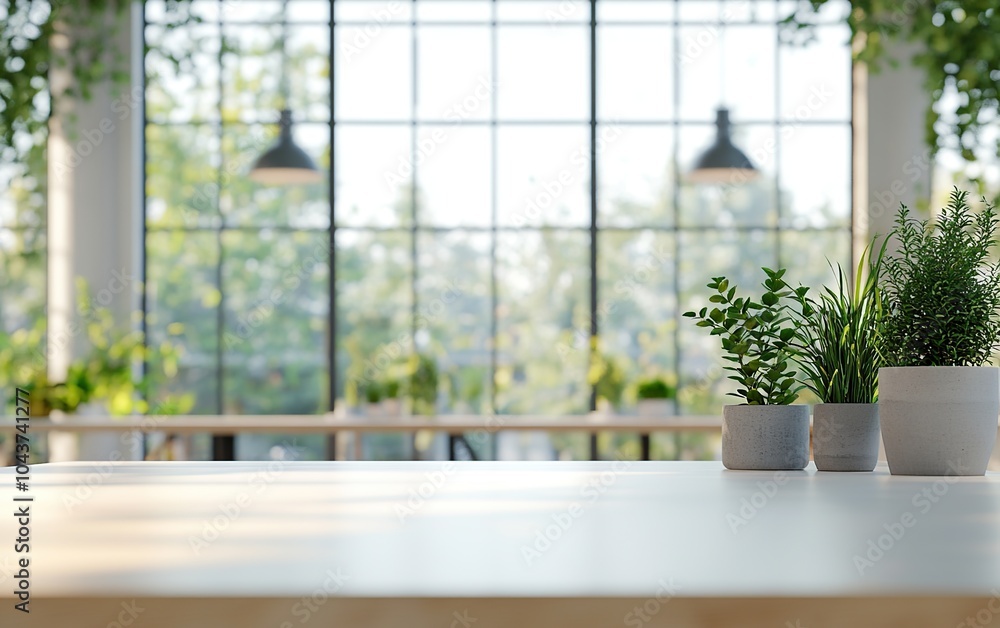 White table with potted plants in front of a large window with a blurred background. White table with potted plants in front of a large window with a blurred background.