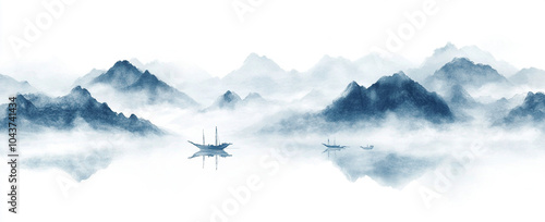New Chinese style blue ink landscape painting with artistic conception
