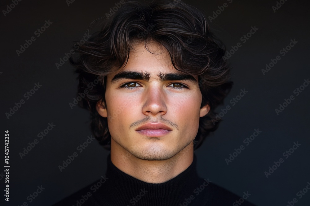 Portrait of young man with dark wavy hair and stubble against vibrant red background representing stylish winter fashion and youthful confidence with striking color contrast Portrait of young man with dark wavy hair and stubble against vibrant red background representing stylish winter fashion and youthful confidence with striking color contrast