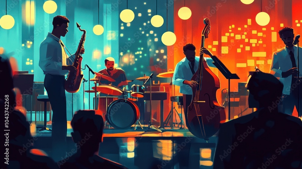 Fototapeta premium A jazz band performs on stage in front of a crowd at a concert.
