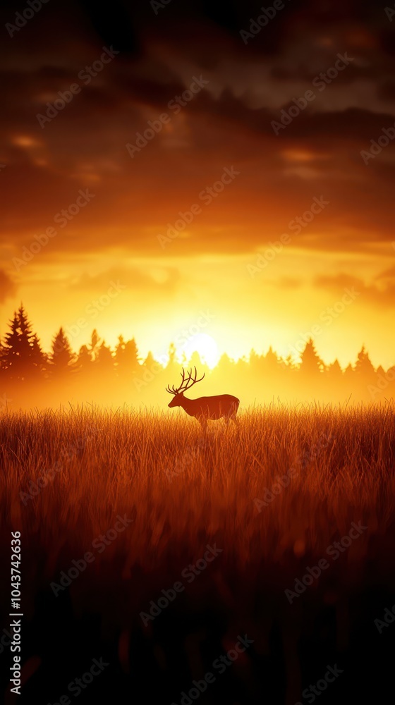 Silhouette of a deer in a field during a stunning sunset. Silhouette of a deer in a field during a stunning sunset.
