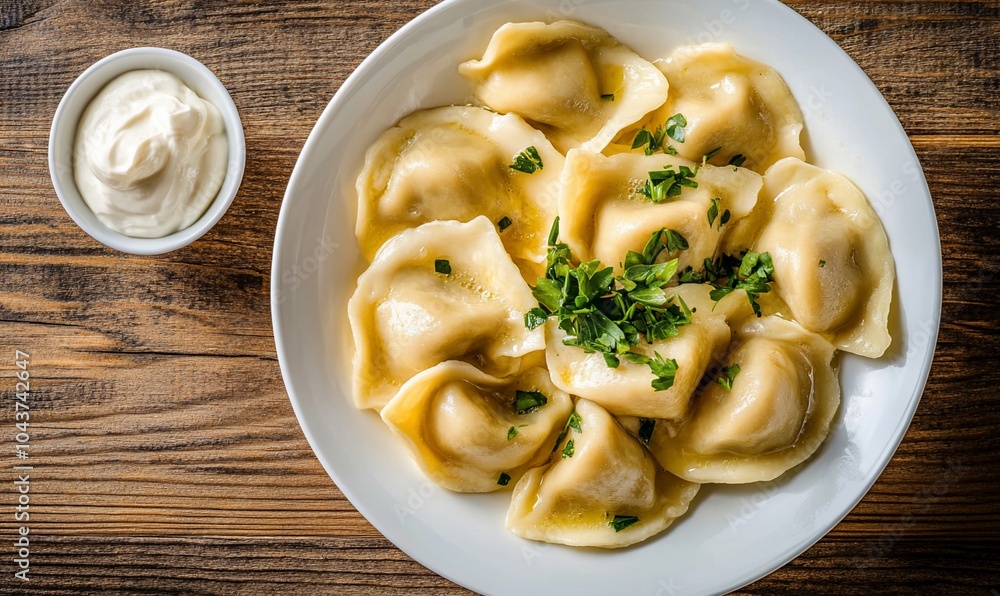 A plate of dumplings garnished with herbs and accompanied by sour cream. A plate of dumplings garnished with herbs and accompanied by sour cream.